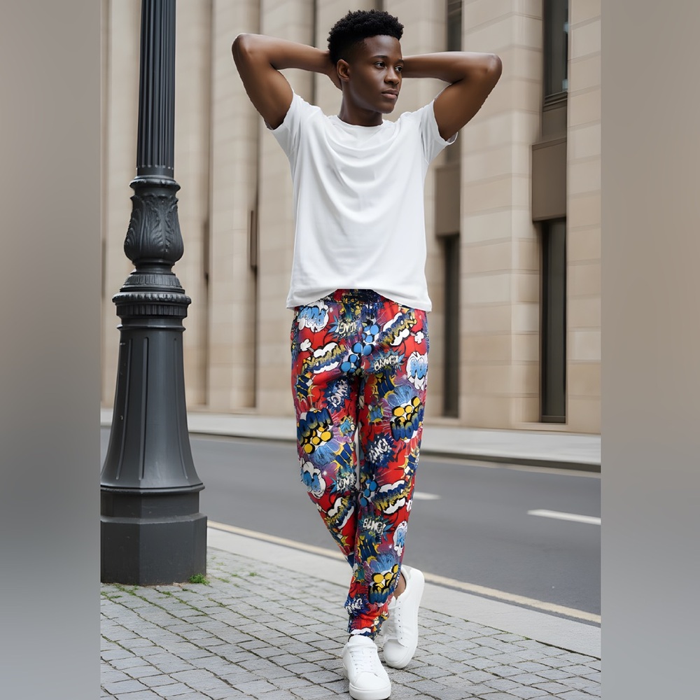 NWT Oh Snap! SZ M OR L blue/red/multicolor “boom/bang” print jogger